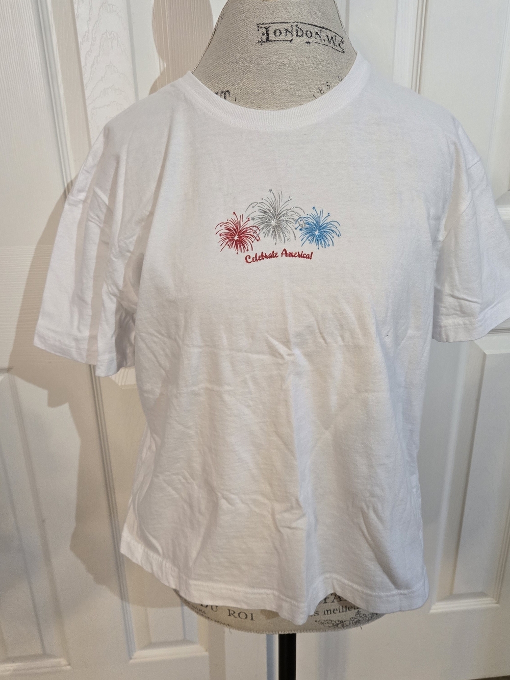 White Tee with Red, Silver, and Blue Fireworks